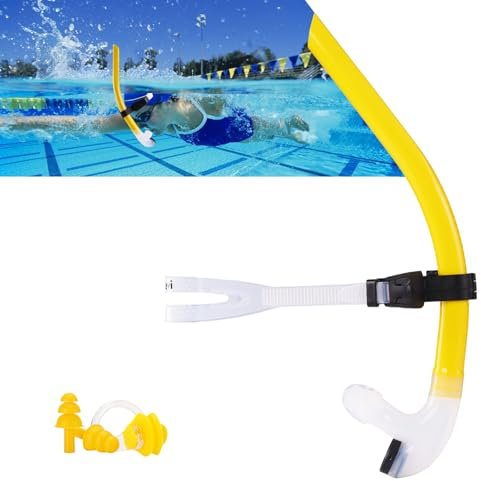 Swim Snorkel for Lap Swimming,Adult Swimmers Snorkeling Gear for Swimming Snorkel Training in Pool and Open Water,Center Comfortable Silicone Mouthpiece One-Way Purge Valve,With Nose Clip and Earplug