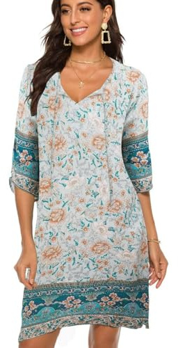 BDTECAOR Damen Vintage Ethnostil Blumenmuster Bohemian 3/4 Arm Strandkleid | Leicht und Luftige Boho Sommerkleid mit V-Ausschnitt & Kordelzug, für Strand Cover Up & Alltag geeignet, ideal für den Urlaub