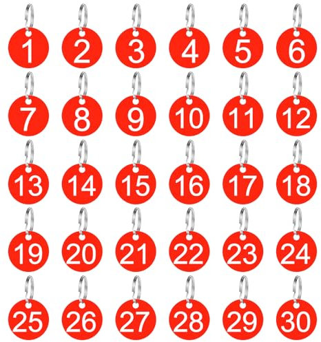 30 Stück Nummernschilder aus Kunststoff Runde Zahlenmarken 1-30 Graviert Nummeriert ID Tags mit Schlüsselringe Schlüsselanhänger Zahlen Wasserdichte Zahlenanhänger für Hotel Tierhause Fitnessstudio