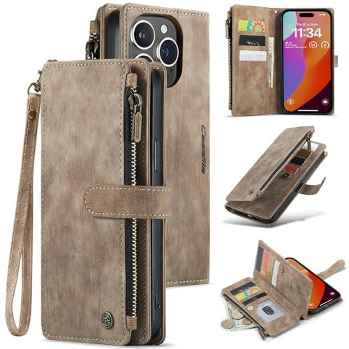 UEEBAI Handyhülle für iPhone 15 Pro Max 6.7 inch, Retro Reißverschluss Hülle Premium PU Leder Weiche Klapphülle Magnetverschluss Kartenfach Standfunktion Geldbörse mit Trageband Schutzhülle - Braun