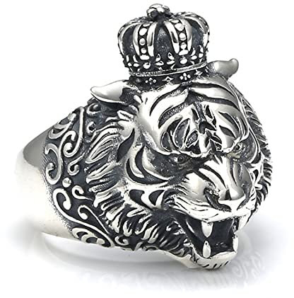 Viking Crown Lion 925 Sterling Silber Ring, Gothic Vintage Crown Lion Head Herrenring,Silber,10