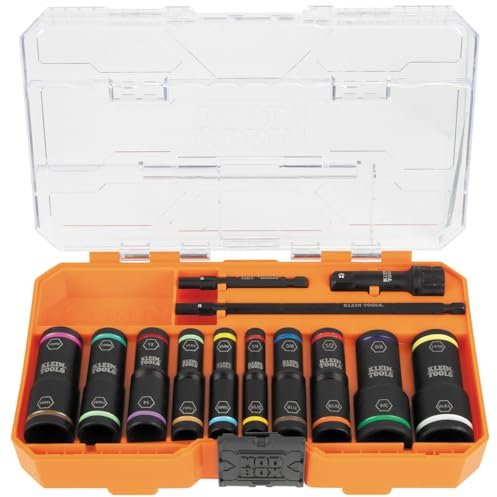 Klein Tools 65239 KNECT Flip-20 Deep Impact Socket Set, 20 SAE and Metric Socket Sizes with MODbox Case, Heavy Duty Flip Sockets with 1/4 and 3/8-Inch Adapters