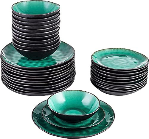CCKUHN Service de Table de Luxe pour Famille, 36 pièces en grès, Aspect Vintage, Vaisselle Verte en céramique avec 12 Assiettes, Assiette à Dessert