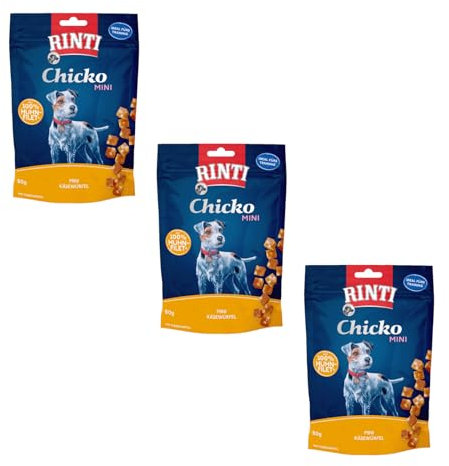 Rinti Chicko Mini Käsewürfel mit Huhn | 3er Pack | 3 x 80 g | Aus frischem Hühnerbrustfilet zubereitet | Schonend luftgetrocknet | Wiederverschließbar | Ohne Soja und Fleischmehle