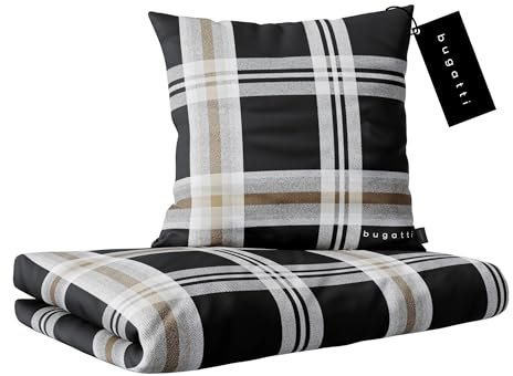 bugatti Bettwäsche 155 x 220 cm - 100% Baumwolle, Reißverschluss, anschmiegsam, weich & waschbar, Mako Satinbettwäsche kariert schwarz grau
