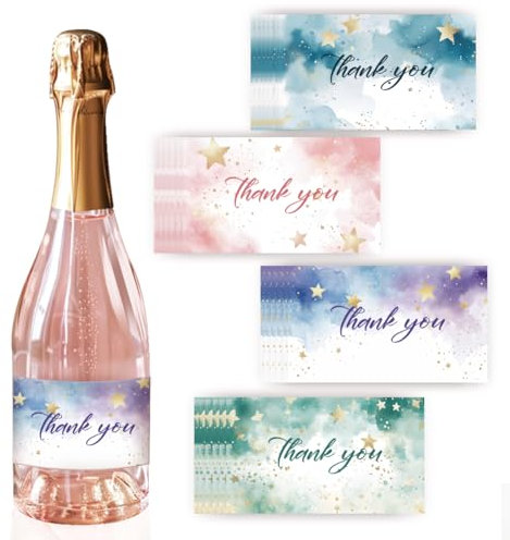 PH PandaHall 40pz Etichette per Bottiglie di Vino Adesivi per Bottiglie di Vino Thank You, 4 Stili Etichetta Adesiva per Vino Acquerello Stella Nuvola Etichetta Adesivo Cheers per Natale, 9x5cm
