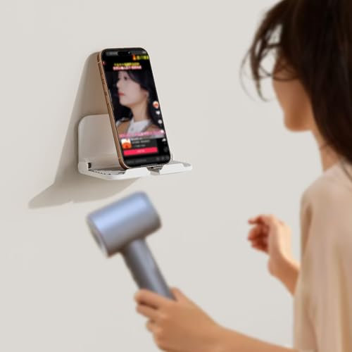 pzoz Support de téléphone Mural - Support de téléphone de Salle de Bain sans perçage Support de Station d'accueil pour téléphone et Tablette, pour Salle de Bain, Chambre, Cuisine, Bureau (Blanc)
