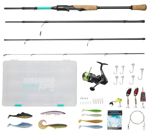 Fishing-King Tackle Angelset Zander/Hecht | Spinnfischen | Spinnrute 2,55 m und 20-80 g | Spinnrolle 4000 mit Schnur | Box, Köder und Zubehör