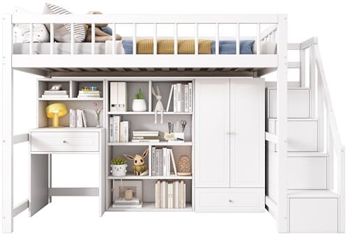 xixiworkshop Kinderbett 90x200cm, Hochbett mit Tisch/Schrank/Treppen/Regal, Treppe Links und Rechts Installbar, Bett mit Stauraum für Kinder Jungen/Mädchen, Rausfallschutz, Ohne Matratze