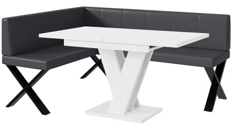 MEBLINI Eckbank für Esszimmer mit ausziehbarem Tisch - Küchenbank - Essecke - Sitzecke Küche - Peter - X-Beine 128x168x87cm Links - Grau Kunstleder/M Weiß Matt