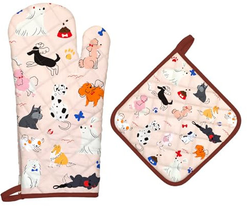 Arquiel Dogs Oven Mitts and Pot Holders -100% Cotton, Heat Resistant Extra Long Oven Gloves & Hot Pads for Cooking BBQ Grilling Baking Gift, Set of 2