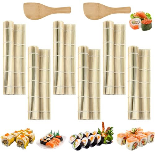GTNCE 6 Pièces Natte Sushi, Tapis Sushi en Bambou Naturel 24x24cm, Kit Sushi Réutilisable avec Cuillère à Riz, Rouleau à Sushi pour Débutants et Professionnels, Tapis de Cuisine pour Maki