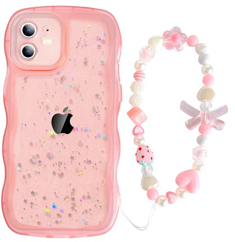 Jmltech Glitter Case for iPhone 12 Case Wavy Cute Kawaii Girly Women Trendy Aesthetic Clear Silicone Protective Shockproof Phone Cases with Beaded Phone Strap Lanyard for iPhone