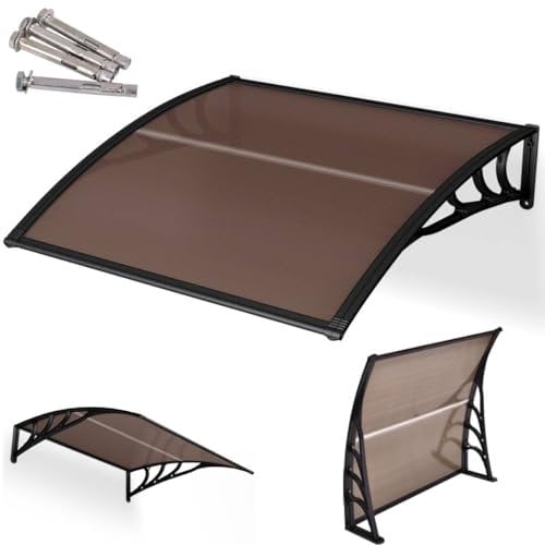 TANGZON 100/122/199 x 98cm Window Door Awning Canopy, Patio Front Door Canopy with ABS Support, Garden Porch Rain Shelter for Sunlight Rain Snow Wind Protection (100 x 100 x 28cm, Brown+Black)