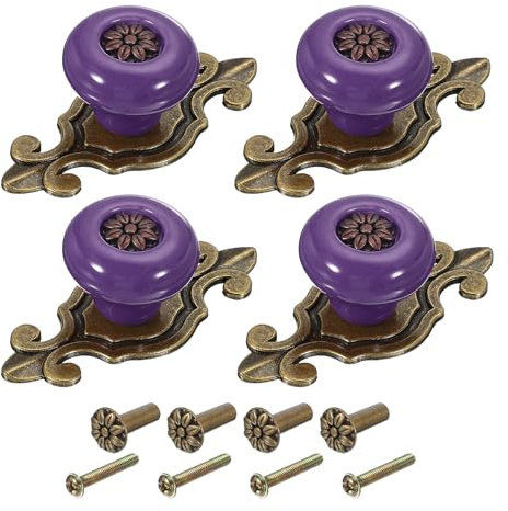 PATIKIL Retro Ceramic Knobs 1-1/4, 4Pcs Vintage Round Drawer Knobs Dresser Petal Pulls Handles with Backplate/Screw/Nut for Kitchen Door Cupboard Wardrobe, Purple