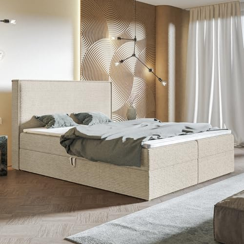 MOTIVENA Bari Boxspringbett 120x200 Creme Cord, mit Taschenfederkern-Matratze (H3), mit T28 Komfortschaumstoff Topper (H3), Boxspringbett 120x200 mit Bettkasten Beige (Creme)