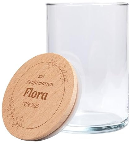 Personalisiertes Vorratsglas mit Holzdeckel | zur Konfirmation (Kranz aus Blumen) | Konfirmationsgeschenk | mit Wunschnamen und Wunschdatum graviert | Geschenkidee für den Konfirmanden