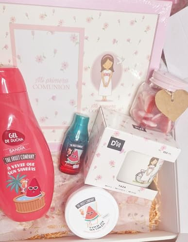 Set de Regalo Primera Comunión, Gel de Ducha Sandía, Crema corporal y Colonia de fresa y nata,Taza Decorativa, Portaretrato y Tarro de chuches.