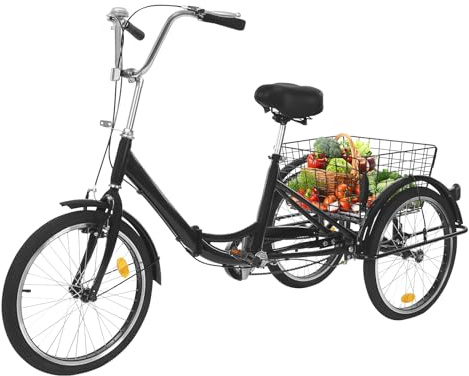 SYNCMH 20 Zoll Dreirad für Erwachsene, Klappbar 3 Räder Adult Fahrrad, Gabelfederung, Erwachsenendreirad mit Korb, Dreiräder für Fahrten, Picknicks, Einkäufe, Schwarz