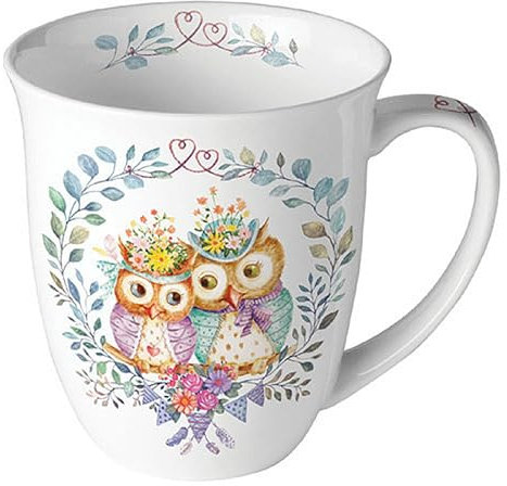 Ambiente Tasse 10cm Porzellan mit Eulen Motiv im Blumenkranz - 0,4L Keramiktasse Porzellangeschirr - Kaffeetasse Teetasse Kakaotasse - Tassen & Becher Tiermotiv - Porzellantasse Tiere Weiß Bunt