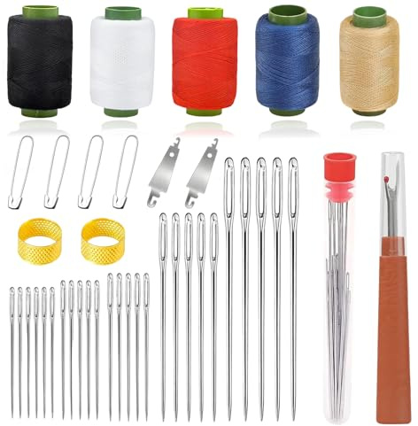 Alluring 40 Teiliges Nähnadeln Set mit Großem Öhr, Stahlnadeln Mit Einfädler Tragbares, Big Eye Steel Sewing Needles Kit mit Nähgarn und Fingerhut für Anfänger DIY Nähen, Quilten, Stickerei