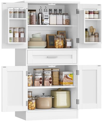 Hzuaneri Buffetschrank, Küchenschrank mit 4-stufigem Türrückseiten-Regalsystem, Sideboard mit 4 Türen und 1 Großer Schublade, Modern Stil, Küche, Wohnzimmer, 40 x 60 x 120 cm, Weiß PT20003X
