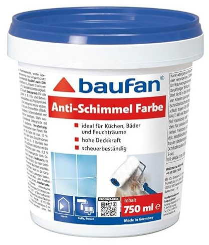 Baufan Anti-Schimmel Farbe 750ml | ideal für Küche, Bäder und Feuchträume | hohe Deckkraft | scheuerbeständig | BAuA-Nr. N-121648