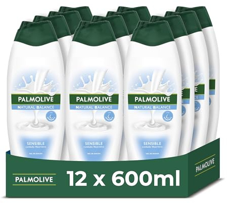 Palmolive Naturals Sensitive Gel de Ducha 12 x 600ml, con Vitamina E para nutrir la piel, deja la piel suave con leche de almendra de origen vegetal, con 95% de ingredientes de origen natural*