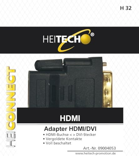 HEITECH DVI - HDMI - Adapter, DVI-Stecker<>HDMI-Buchse, vergoldete Kontakte, voll beschaltet