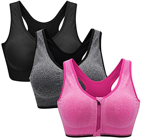 Zoerea Sports BH Damen Push Up Zip Front, 3er Pack Impact Yoga Bra, Gr.-L: Fit 80B 80C 85A 85B 85C, Schwarz,grau und Rot