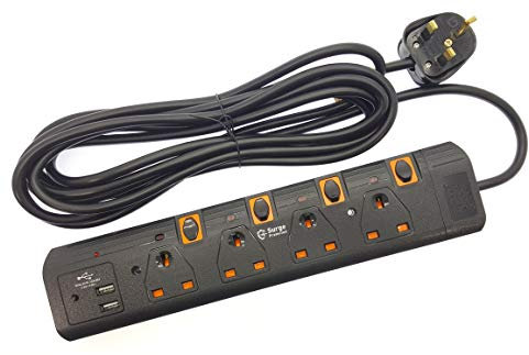 Innoteck 4way 5meters Individual Switched 2 USB ports Extension Lead with 13A 240V UK Fused BS Plug, Neon Indicator & Surge Protection. Through Hole Wall Mount Design. Black