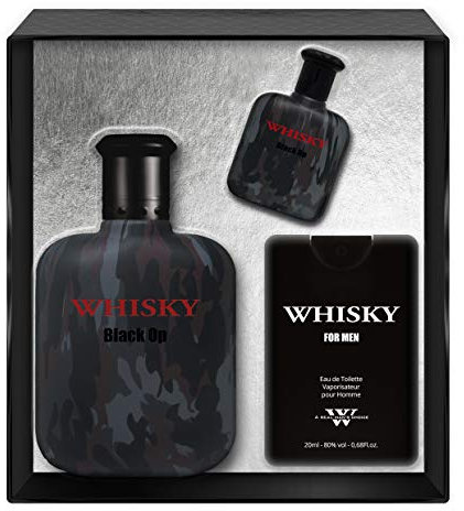 EVAFLORPARIS Whisky Black OP Coffret pour Homme Eau de Toilette 100 ml + Miniature 7.5 ml + Parfum de Voyage 20 ml Vaporisateur Spray Parfum Homme 127.5 ml