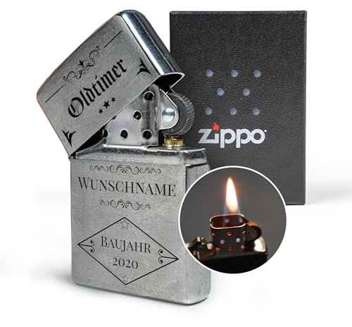 Zippo Feuerzeug mit Gravur – personalisiertes Geschenk mit Namen und Geburtsjahr selbst gestalten – Geschenkidee für Mann, Papa, Freund, Bruder zum Vatertag, Weihnachten & Geburtstag (Oldtimer)