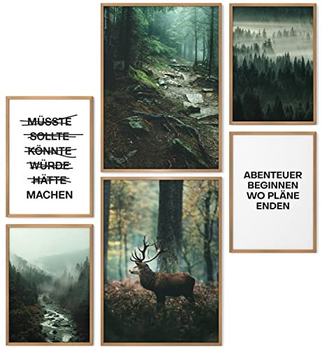 Papierschmiede® Mood Poster Set Mystic Forest, Gerahmte Bilder (Rahmen: Material und Farbe wählbar), Wohnzimmer Deko Schlafzimmer, 2x A4 und 4x A5, Wald Fluss Hirsch Grün