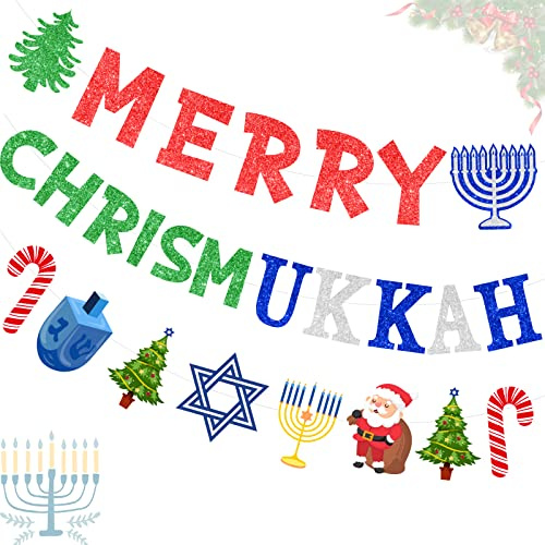 Merry Chrismukkah Banner Silber Chanukah Dreidel Girlande für Happy Chanukka Weihnachten Xmas Festival Dekorationen Indoor