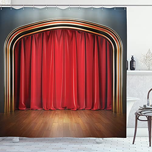 ABAKUHAUS Theater Duschvorhang, Bühne mit Classic-Vorhänge, Stoffliches Gewebe Badezimmerdekorationsset mit Haken, 175 x 220 cm, Rot und Braun