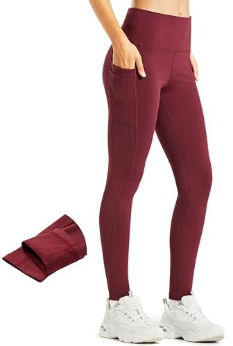 Libin Thermo Leggings Damen Winter Warm Thermoleggins Laufhose High Waist Wasserabweisend Thermohose Sportleggins Damen Lang mit Taschen, Rubinwein, M