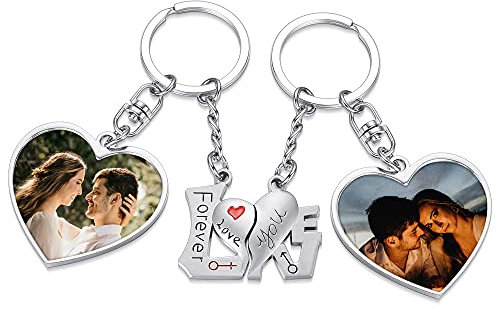 JSDDE Personalisierte Schlüsselanhänger mit Fotogravur Herz Puzzle Schlüsselanhänger mit Bild Gravur Charms Keychain Geschenk Idee zum Jubiläum Geburtstag Valentinstag
