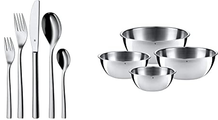 WMF Palermo Edelstahl Besteck Set 6 Personen, Essbesteck Set 30 teilig & Gourmet Schüsselset 4-teilig, Edelstahl Schüsseln für die Küche 0,75l - 2,75l, Rührschüssel, Salatschüssel, stapelbar