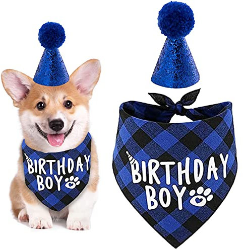 Hunde-Geburtstags-Bandana, Haustier-Geburtstagsparty-Zubehör, Baumwoll-Dreieck, Jungen-Hundeschal mit süßem Hunde-Geburtstagshut für kleine, mittelgroße Hunde, Katzen, Kostüme, Kopfbedeckung (blau)