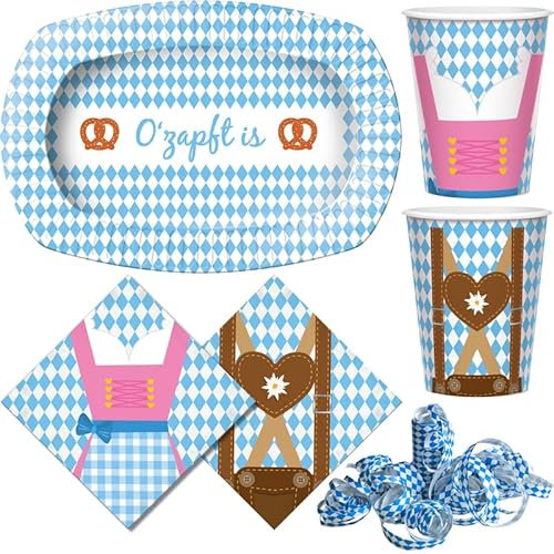Playflip Oktoberfest Partygeschirr Partyset 37 TLG. Dekoration Wiesn Party Deko Set Teller Becher Servietten