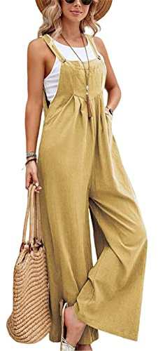 SotRong Salopette da donna UK a gamba larga tuta con tasca vestibilità ampia tute estive boho pagliaccetto senza maniche con spalline, giallo chiaro, L
