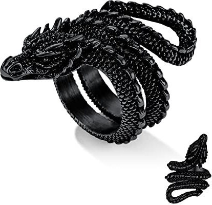 Bestyle Drachen Stil Ring Männer Frauen Unisex Öffnungsringe mit Gravur Vintage Dragons Fingerring aus 316L Edelstahl Schwarz Schmuck 57.17(18.2)