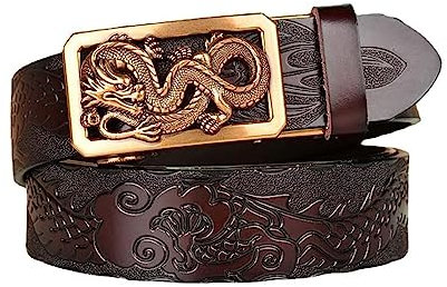 xichuangyuXCY Men's Leather Ratchet Belt Retro Dragon Pattern Eagle Tiger Buckle Carved Casual Business Belt 49 (Brown Dragon Pattern Dragon 3)