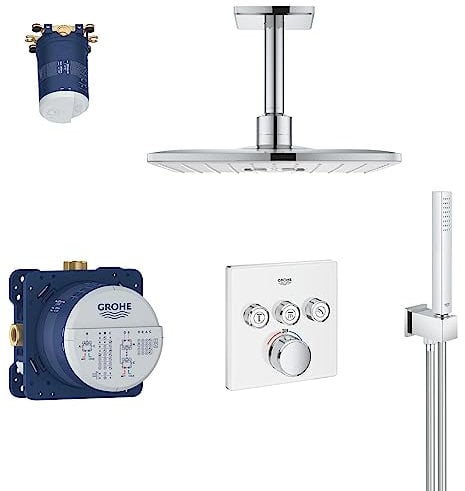 GROHE Rainshower SmartControl Cube - Installationsset (inkl. Thermostat, 310mm Kopfbrause mit Deckenauslass, eckige Handbrause & Unterputz- Einbaueinheit), eckig, white glass