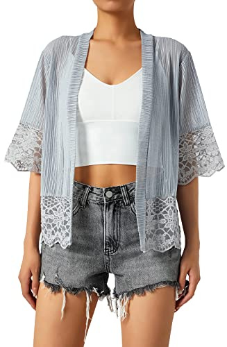 Edhomenn Women Sheer Shrug Cardigan Short Sleeve Solid Color Lace Patchwork Lightweight Knit Shrugs Ladies Bolero Cardigans