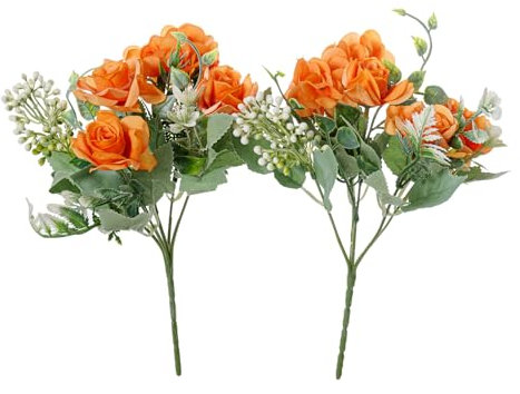 YoungJewl Künstliche Blumen, 5 Zweige, künstliche Seide, Blumenstrauß, kleine Rosen für Hochzeit, Zuhause, Büro, Tischdekoration, 2 Packungen (orange)