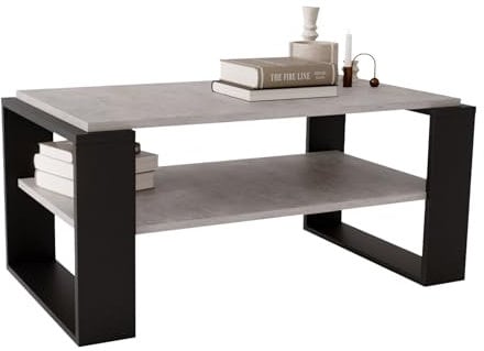 CraftPAK Wohnzimmer Tisch für Couch aus hochwertigem Holz, Stabiler & moderner Couchtisch mit zusätzlicher Ablagefläche, Model Kaja 96, Farbe Beton Schwarz