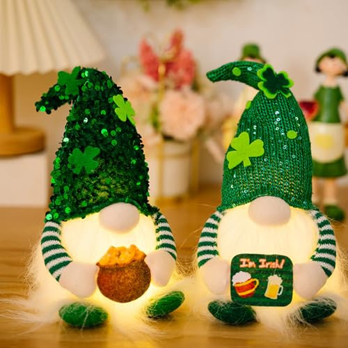 ENLACE 2 Stück St. Patrick's Day Wichtel mit Licht, Irischer Wichtel Frühling Deko, Pailletten Kleeblatt Zwerg Plüsch Puppe für Kinder Jungen Mädchen, Batterien Nicht enthalten