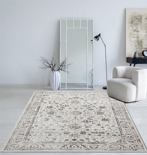 Mia's Teppiche Cielo Moderner Dichter Kurzflor Teppich, Wohnzimmer, Schlafzimmer, Eleganter Glanz, Glanzfaser, Hoch-Tief Effekt, Feder, Creme, 140 x 200 cm